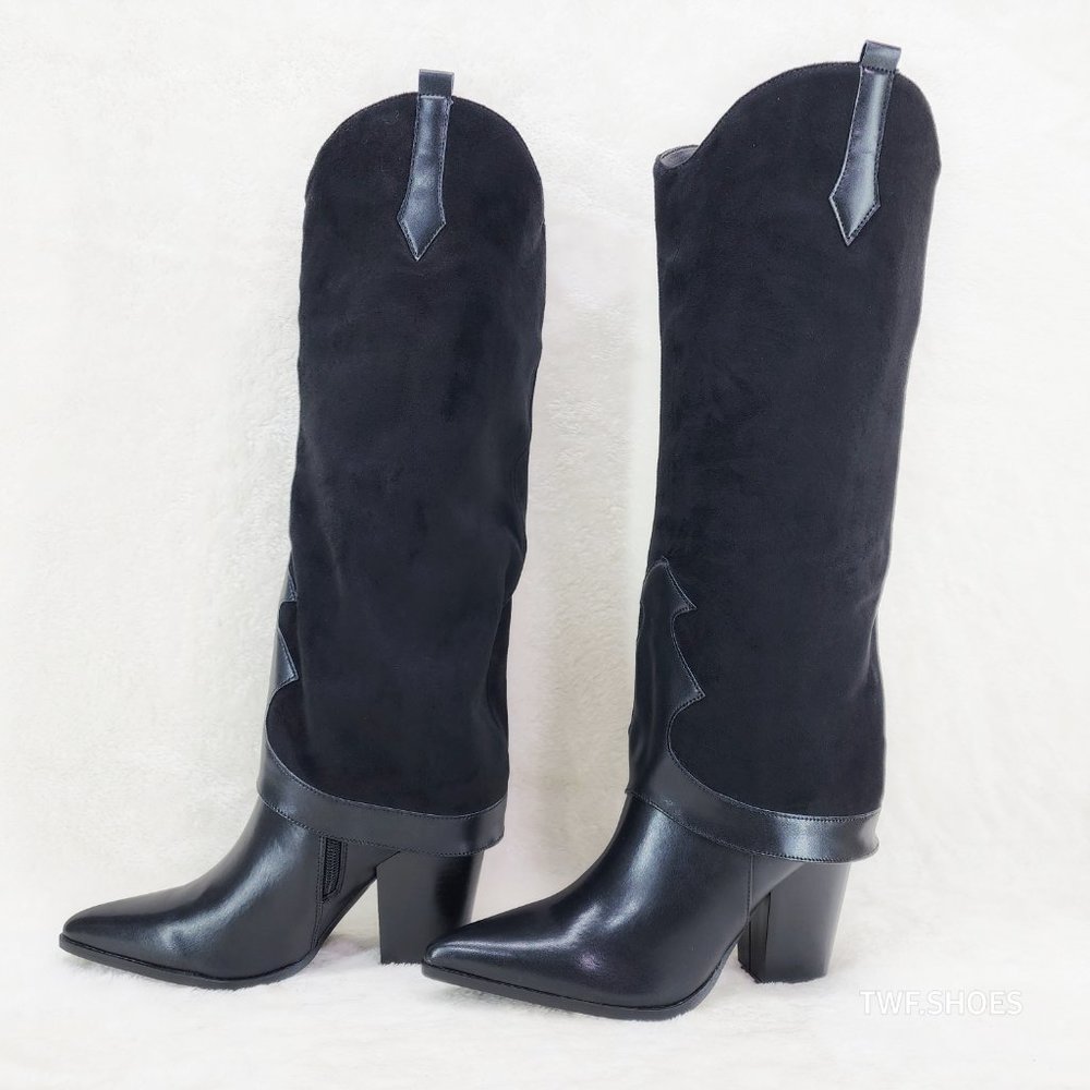 Branded Black Skirted Fold Over Western Knee High Cowgirl Boots